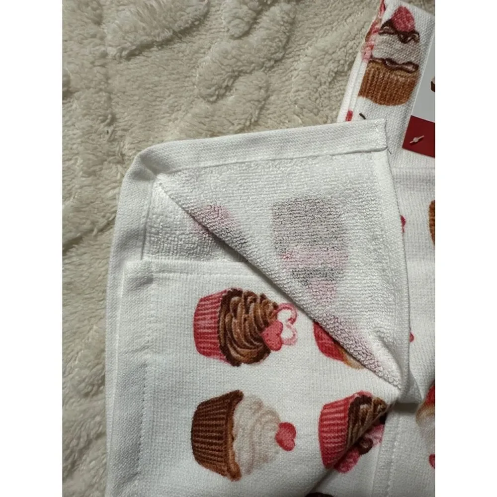 CP Valentine’s Day White Red Pink Tan Cupcakes Hearts Cotton Bamboo Tea Towels